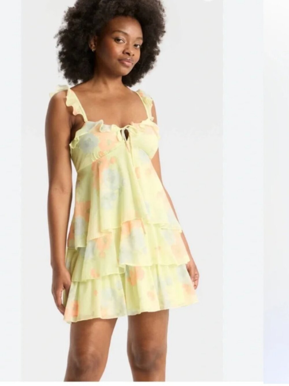 WILD FABLE Yellow Floral Ruffle Tiered Babydoll FYI Mini A-line Dress